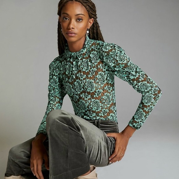 Anthropologie Dolan Left Coast Sheer Lace Mock Neck Long Sleeve Top Green XS - Picture 2 of 13